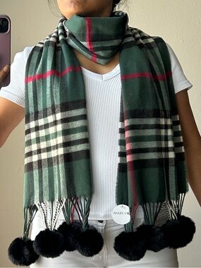 V. FRAAS Cashmink Green Plaid Scarf with Black Pom-Pom